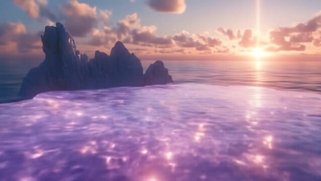Mystical Ice Island Sunset, Fantasy Ocean Scenery, Dreamlike Landscape, Calm Waves