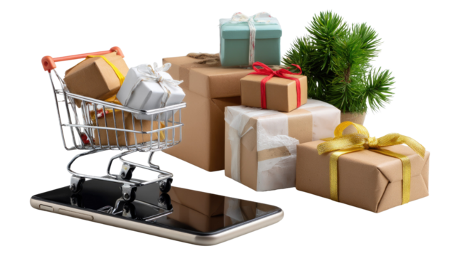 Online Shopping Spree: A vibrant still life showcases the allure of online shopping with a miniature cart overflowing with gifts, alongside a smartphone suggesting the convenience of digital retail. - Powered by Adobe