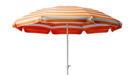 Beach Umbrella: A vibrant striped beach umbrella, open against a bright, beckoning people to embrace the leisure, relax under it's shade. 