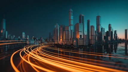 Fototapeta premium Futuristic smart city skyline at night with neon light trails, digital infrastructure and high speed network.