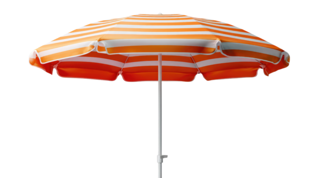 Beach Umbrella: A vibrant striped beach umbrella, open against a bright, beckoning people to embrace the leisure, relax under it's shade. 