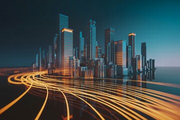 Futuristic smart city skyline at night with neon light trails, digital infrastructure and high speed network.