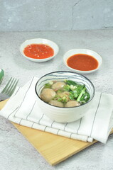 Meatball soup with vegetables and chilli, indonesian cuisine