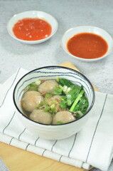 Meatball soup with vegetables and chilli, indonesian cuisine