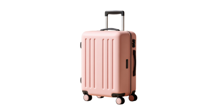Modern Travel Companion: A stylish pink suitcase stands ready, offering a glimpse of wanderlust, the epitome of modern travel and journeying.