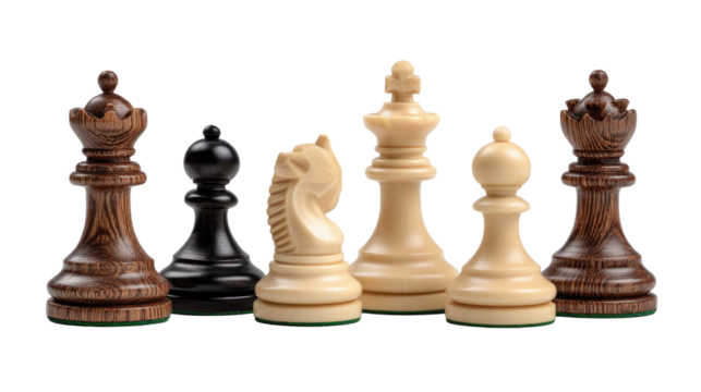 Chess pieces lineup: An array of beautifully crafted chess pieces stands at attention, ready to engage in a game of strategy and intellect, the dark and light figures contrasting sharply. - Powered by Adobe