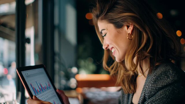 Young professional reviews investment portfolio charts on tablet while seated in bright coffee shop