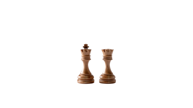 King and Queen: A minimalistic and artistic studio shot of a chess king and queen, set against a pristine backdrop. Symbolizing strategy and power.