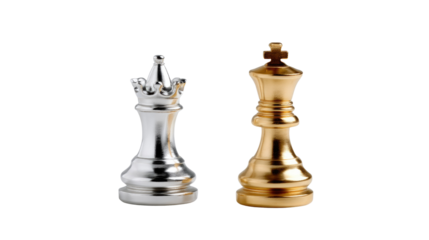 Chess Game Strategy: A captivating shot featuring the royal king and queen chess pieces, rendered in gold and silver.