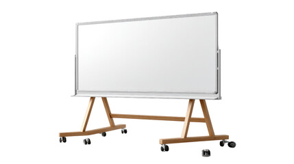 Blank Canvas of Ideas: A crisp, rectangular whiteboard stands on a mobile wooden stand, offering limitless space for brainstorming and planning, ready for presentations and discussions.