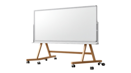 Blank Canvas of Ideas: A crisp, rectangular whiteboard stands on a mobile wooden stand, offering limitless space for brainstorming and planning, ready for presentations and discussions.