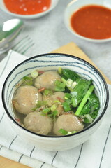 Meatball soup with vegetables and chilli, indonesian cuisine