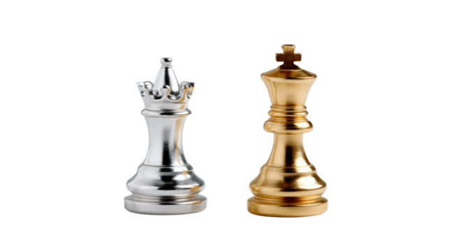 Chess Game Strategy: A captivating shot featuring the royal king and queen chess pieces, rendered in gold and silver.
