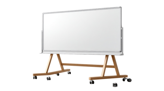 Blank Canvas of Ideas: A crisp, rectangular whiteboard stands on a mobile wooden stand, offering limitless space for brainstorming and planning, ready for presentations and discussions.