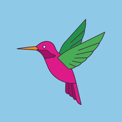 Obraz premium Pink hummingbird with green wings flying against blue background.