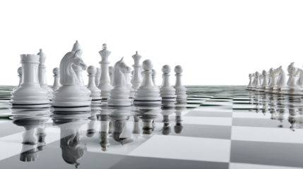 Strategic Chessboard Battle: A dramatic perspective showcasing a chess match in progress, the chess pieces are arranged with precision on a checkered board, poised for strategic engagement.