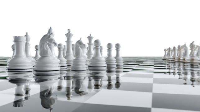 Strategic Chessboard Battle: A dramatic perspective showcasing a chess match in progress, the chess pieces are arranged with precision on a checkered board, poised for strategic engagement.
