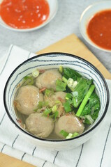 Meatball soup with vegetables and chilli, indonesian cuisine