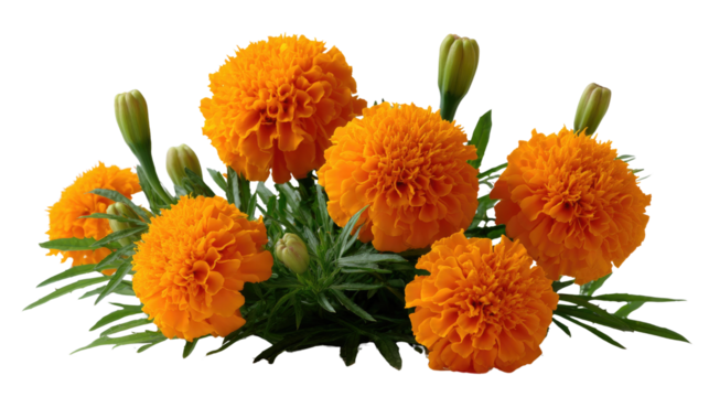 Radiant Orange Marigolds: A vibrant cluster of fiery orange marigolds bursts forth with sunny cheer, captured in a close-up shot that celebrates their bold petals and intricate details.