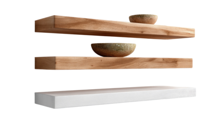 Floating Shelves with Decorative Bowls: Showcasing the elegance of floating shelves with intricately designed decorative bowls, capturing a serene ambiance and minimalism