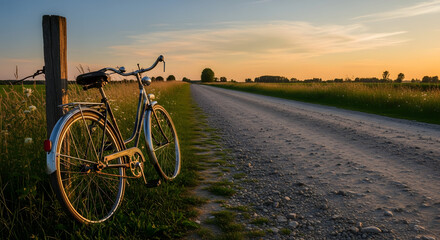 Obraz premium Retro Bicycle Leaning on Fence Post at Golden Hour Along Rural Path