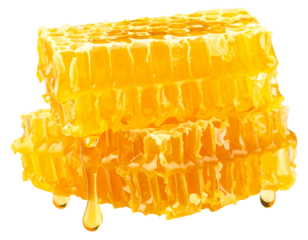 Stacked Honeycomb Pieces with Glossy Honey Flow isolated on transparent background