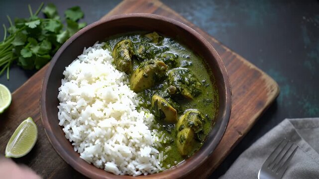 Saag Chicken and White Rice in Wooden Bowl Garnished with Lime and Cilantro On Dark Tabletop