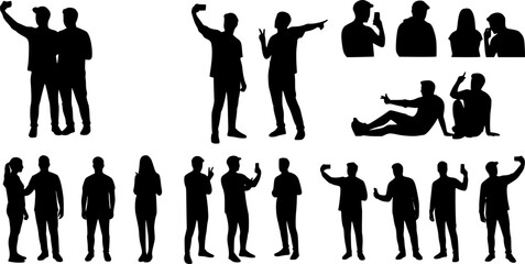 Silhouette group of people selfie different poses silhouette vector set on white background.	