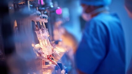 Hands of a perfusionist expertly managing tubing and valves on cardiopulmonary bypass system in a brightly lit operating theater.