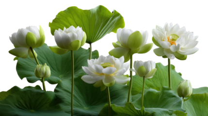 Lotus Blossoms: Delicate white lotus flowers and their leaves bloom in a natural symphony of beauty and tranquility, showcasing the serenity of nature.