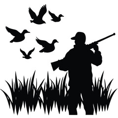 Hunter aiming at flying ducks in tall grass duck hunting