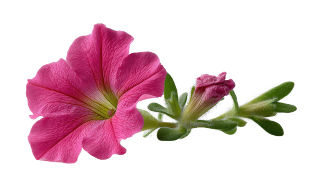 Pink Petunia Blossom: A vibrant close-up showcases a fully bloomed pink petunia flower and a budding companion, their delicate petals and soft textures presented with immaculate precision.