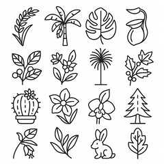 Nature and plants icon set in a minimalist outline style. A collection of various leaves, flowers, and trees. For eco-friendly, gardening, or organic-themed designs.
