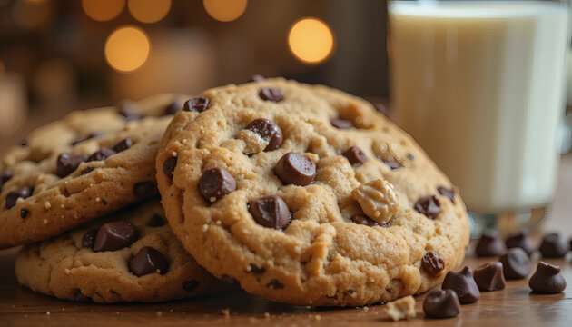 Freshly baked chocolate chip cookies with melting chunks, served with a glass of milk, cozy indoor lighting. - Powered by Adobe