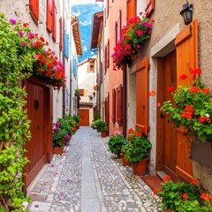Obraz premium Quaint European alleyway with vibrant flowers