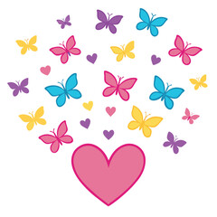 Fototapeta premium Pink heart with flying colorful butterflies and hearts purple butterflies blue butterflies