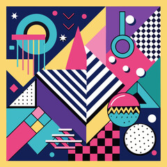 Playful, colorful compositions inspired by the 1980s Memphis design movement, with bold shapes, patterns, and contrasting colors.