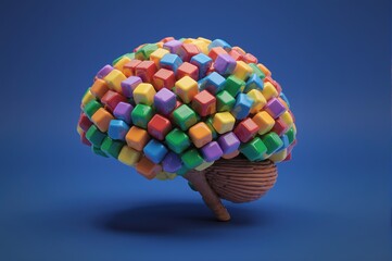 Artistic representation of a brain composed of colorful cubes against a blue background