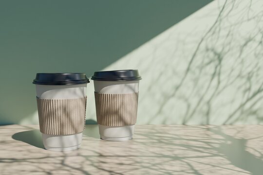 Two takeaway coffee cups with sleeves in natural light