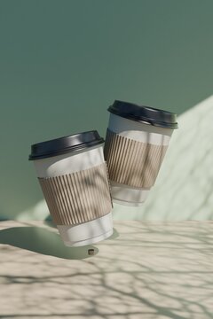 Two takeaway coffee cups with sleeves in natural light