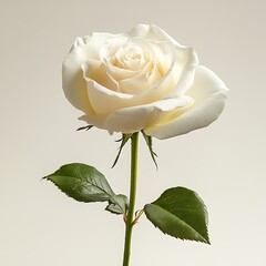 White rose with first petals blooming, strong stem, white background
