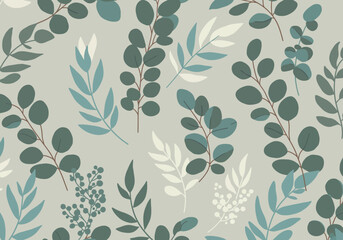 Seamless Pattern of Eucalyptus and Other Leaves in Green Blue and White.