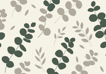 Eucalyptus Leaves Pattern in Green and Beige Tones on Cream Background.