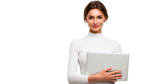 Smiling woman with laptop on white
