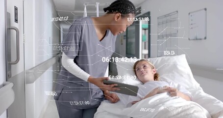 Female nurse entering and reviewing streaming AR data overlays on tablet for patient reassurance - Powered by Adobe