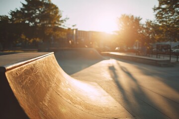 Skatepark sunset ramp, urban leisure activity