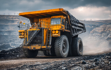 Big yellow mining truck at work open pit mine. Transport coal from factory production, sunlight