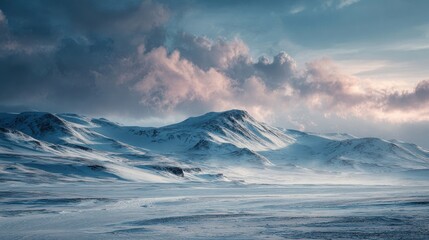 Fototapeta premium Snowy mountain range sunset landscape, Iceland winter travel