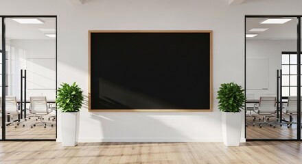 Modern conference room with empty blackboard and glass walls, perfect for brainstorming sessions and team collaboration