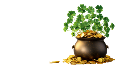 Pot overflowing with gold coins and lush green clovers